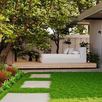 pexels photo 31291000 31291000 2 A serene outdoor patio with lush garden, wooden decking, and hammock seating.